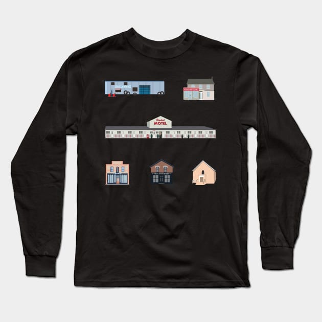 The Schitt's Creek Buildings, from the Rosebud Motel to Rose Apothecary Long Sleeve T-Shirt by YourGoods